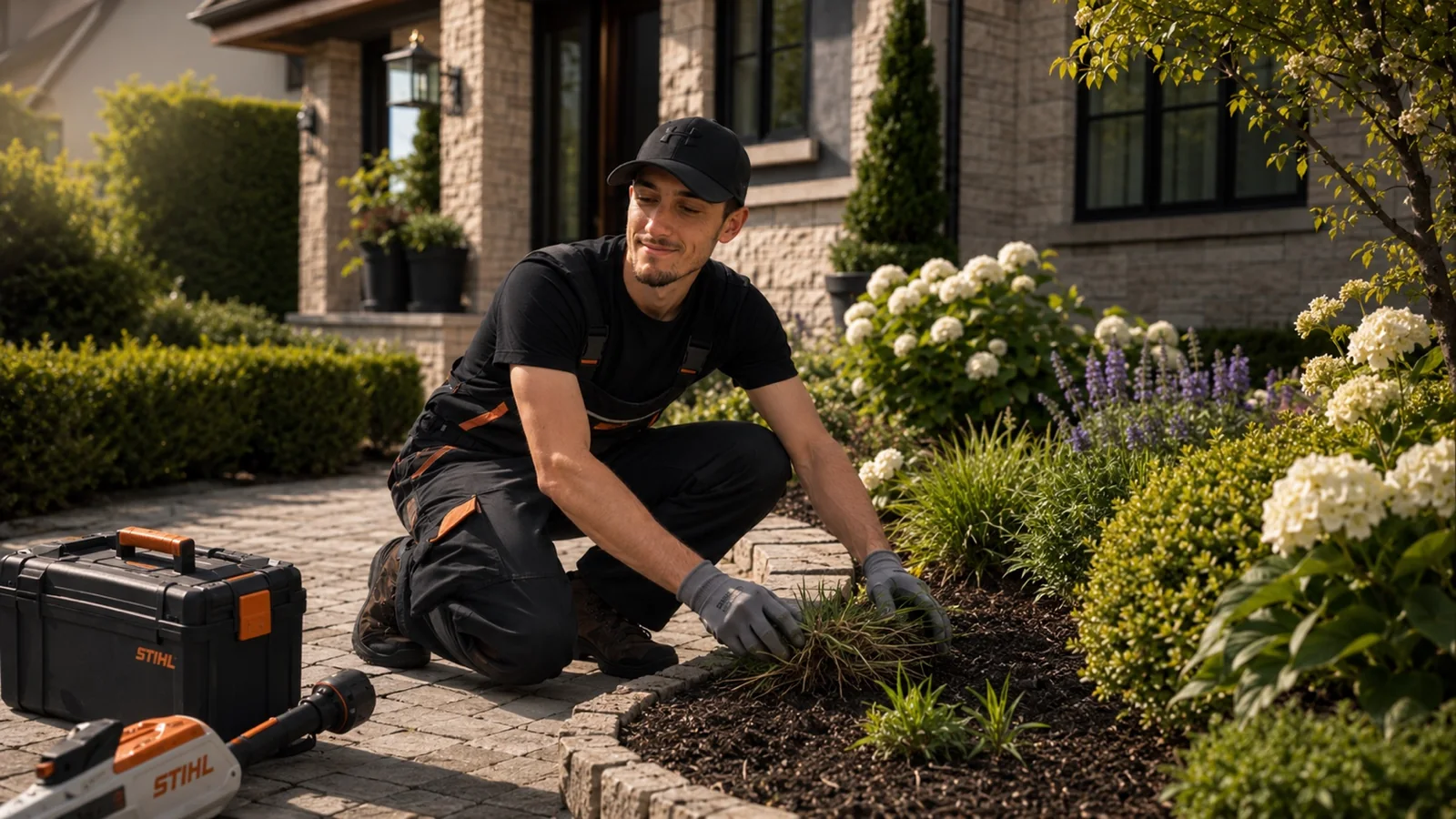 Désherbage manuel et entretien de massifs fleuris dans un jardin à Pau